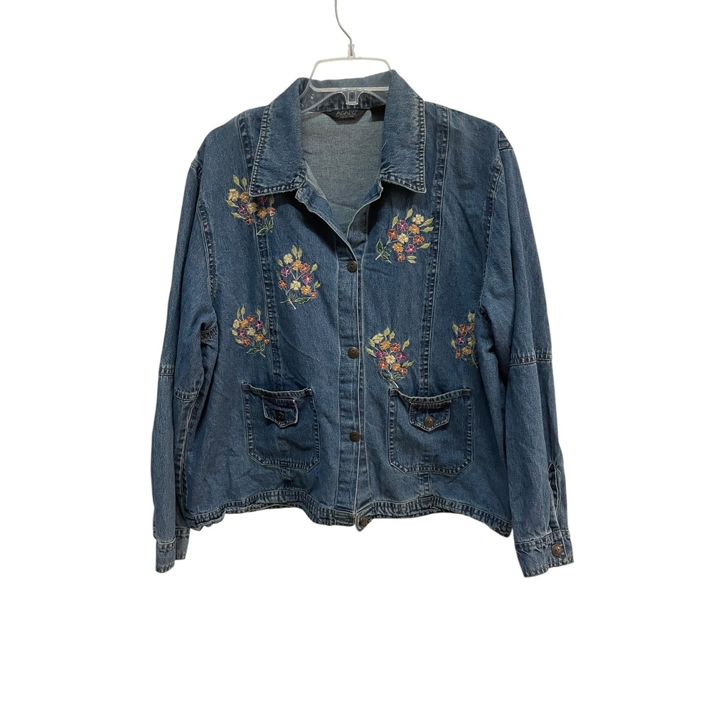Agapo Collection Denim Jacket Women's Floral‎ Embroidered Button Up Jean Coat